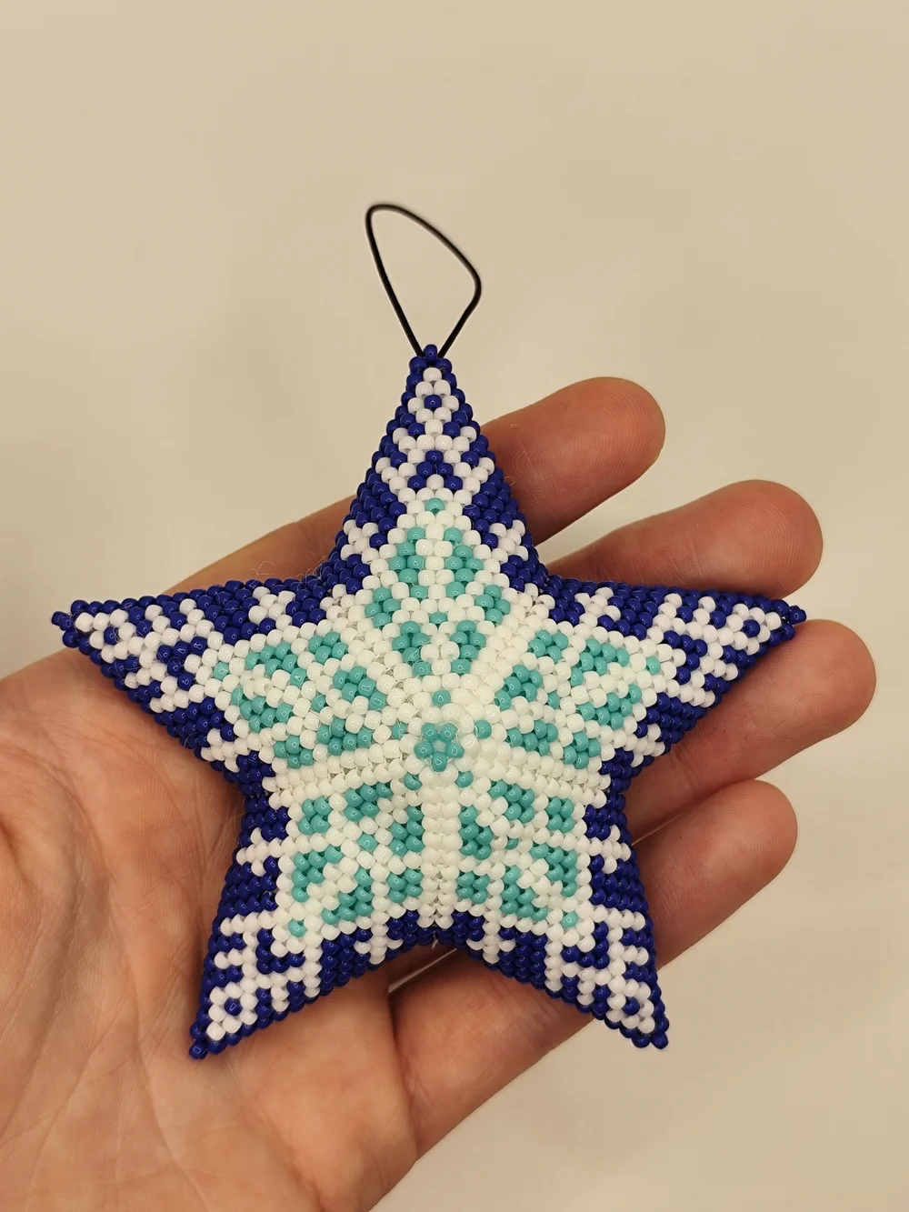 Handmade Blue Star Beaded Holiday Ornament - Smiling Face